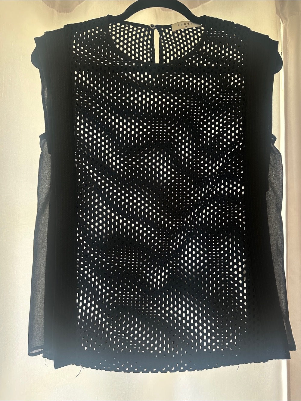 Sandro Black Sleeveless Mesh Dot Panel Blouse